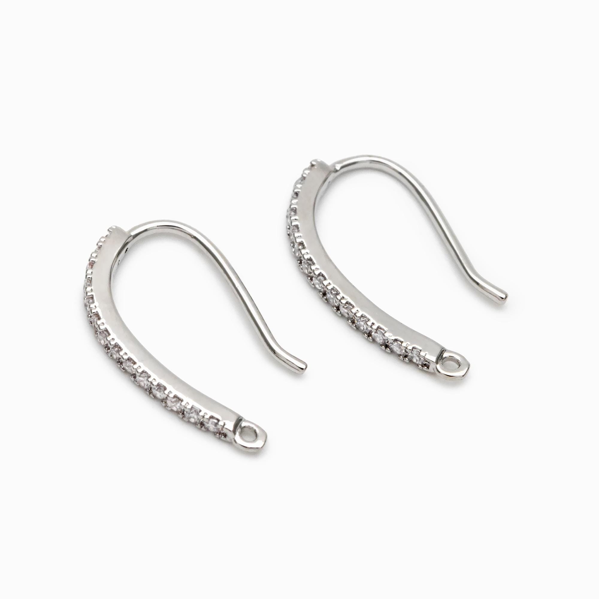10pcs CZ Pave Gold/ Silver Earring Hooks 21x14mm, 18K Gold/ Rhodium Plated Brass Earwires, Sparkly Earring Components (GB-586)